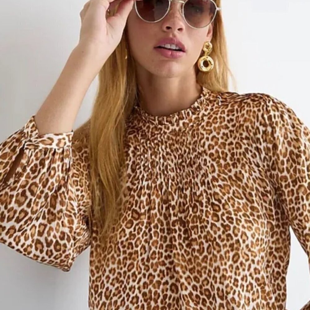 J Crew Leopard Top Womens Large Long Sleeve Ruffle Neck Relaxed Brown Blouse - Picture 1 of 7